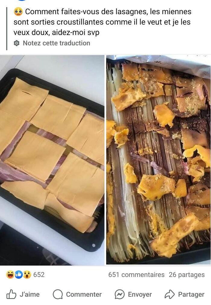 Before and after images of a failed homemade lasagna with burnt and broken pasta layers, food pics that deserve to be shamed.