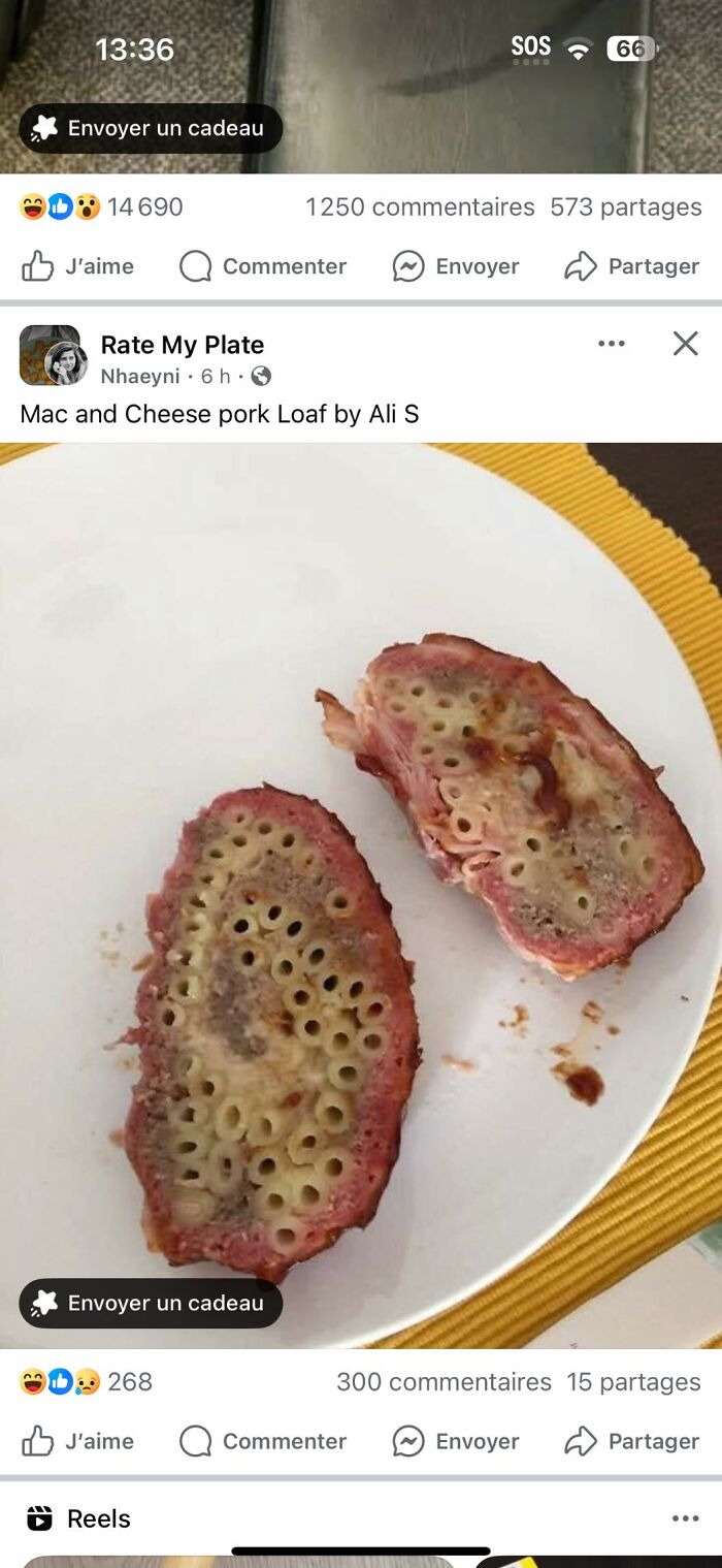 Mac and cheese pork loaf slices served on a white plate, an unusual food pic that deserves to be shamed online.
