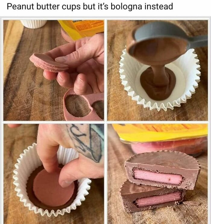 Hand holding homemade peanut butter cups with bologna inside, showcasing unusual food pics that deserve to be shamed online.