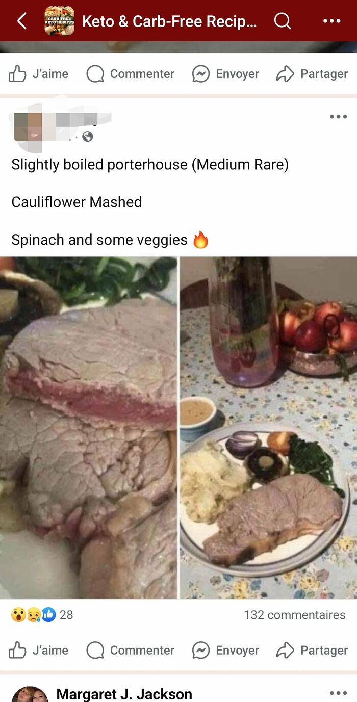 Undercooked porterhouse steak with mashed cauliflower and spinach serving fails from food pics that deserve shaming online