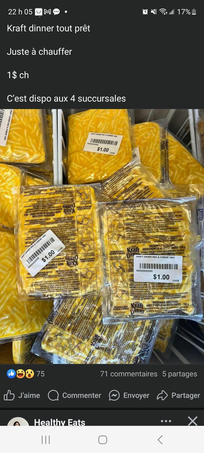 Multiple packs of Kraft dinner mac and cheese priced at one dollar, an example of food pics that deserve to be shamed online