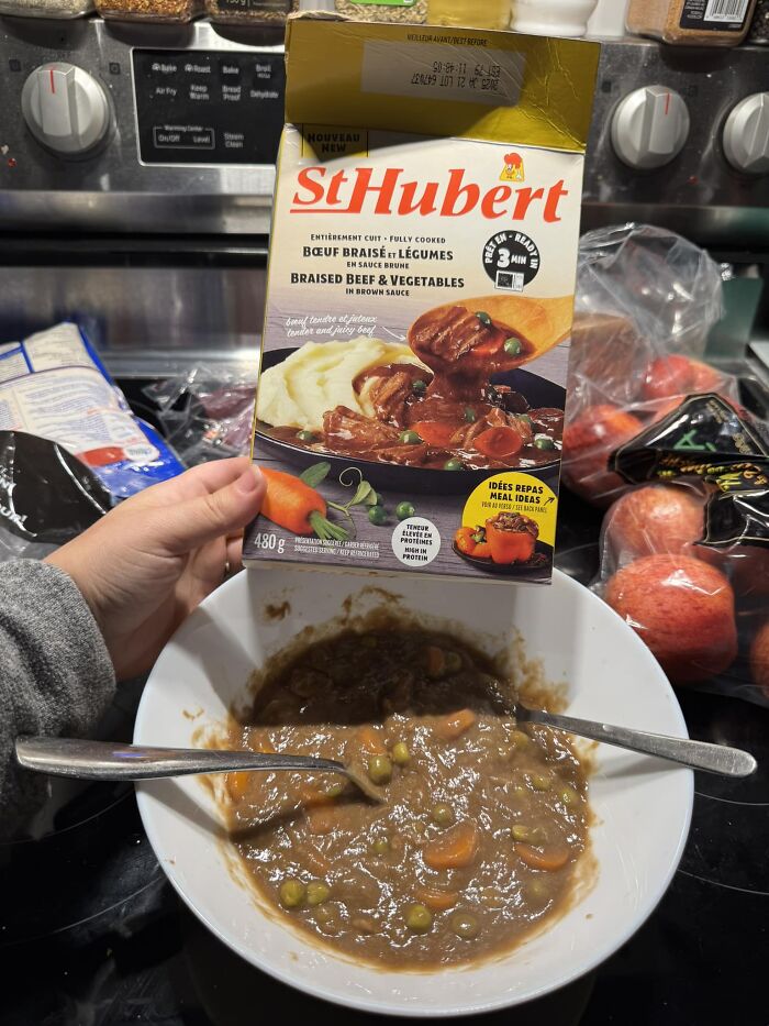 StHubert braised beef and vegetables frozen meal compared to unappetizing thick stew in bowl, food pics that deserve shaming online.