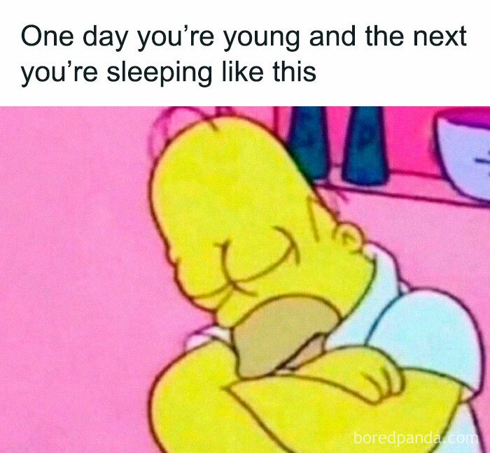 Homer Simpson sleeping with arms crossed in a meme about how sleeping changes with age, highlighting funny meme humor.