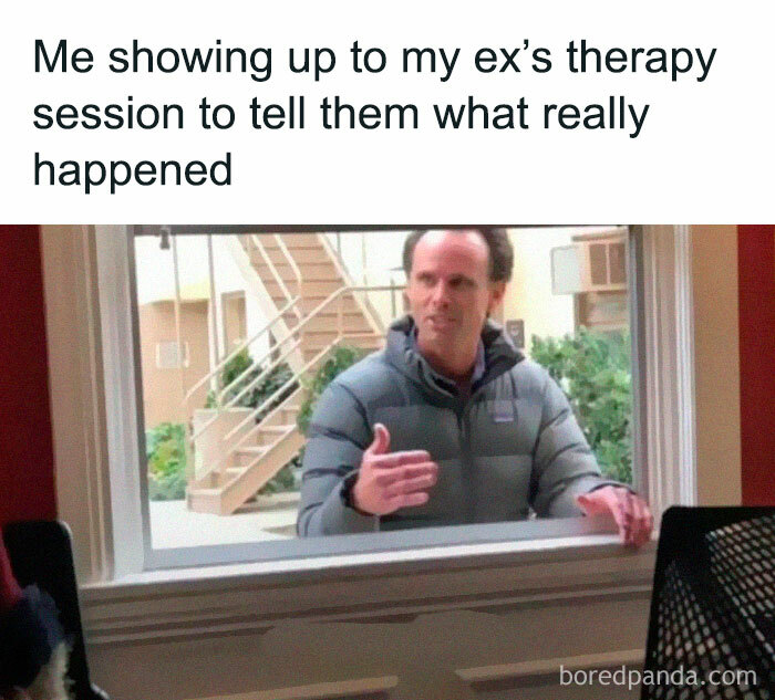 Man in a gray jacket at a window with meme text, part of funny memes that have no reason to be this funny.