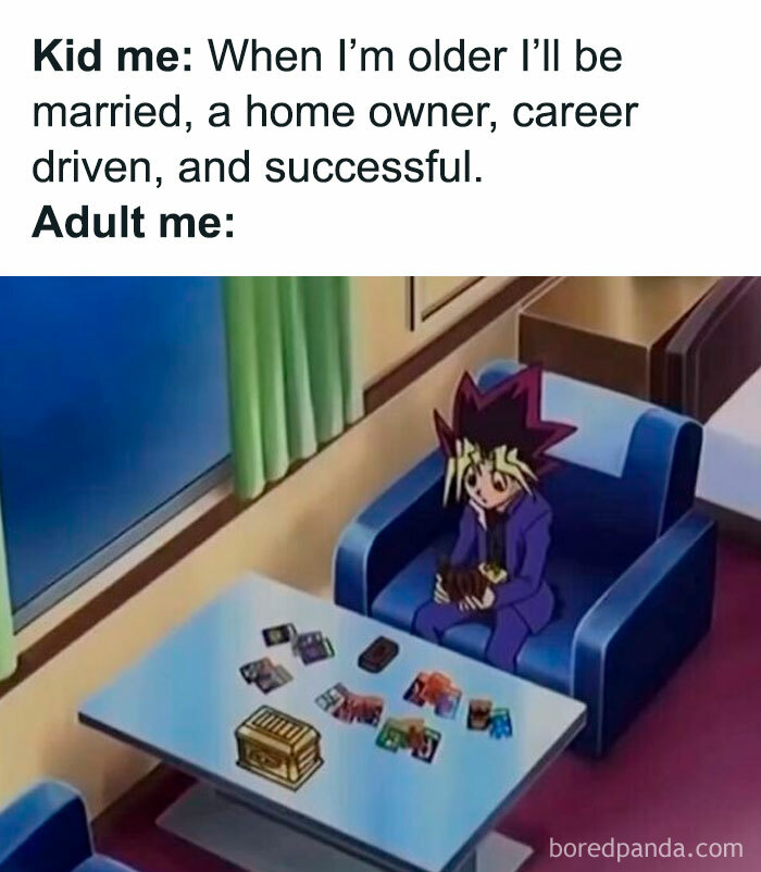 Adult sitting alone, playing card game in a room, showcasing memes that have no reason to be this funny.