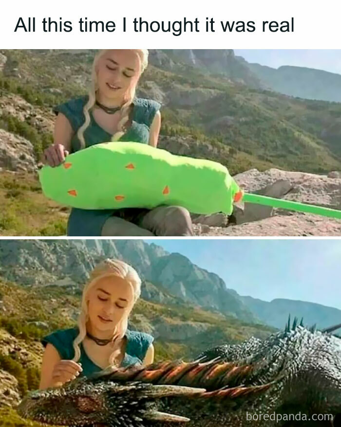 Woman holding a fake green dragon toy, then revealed to be a real dragon, funny meme from viral meme collection.