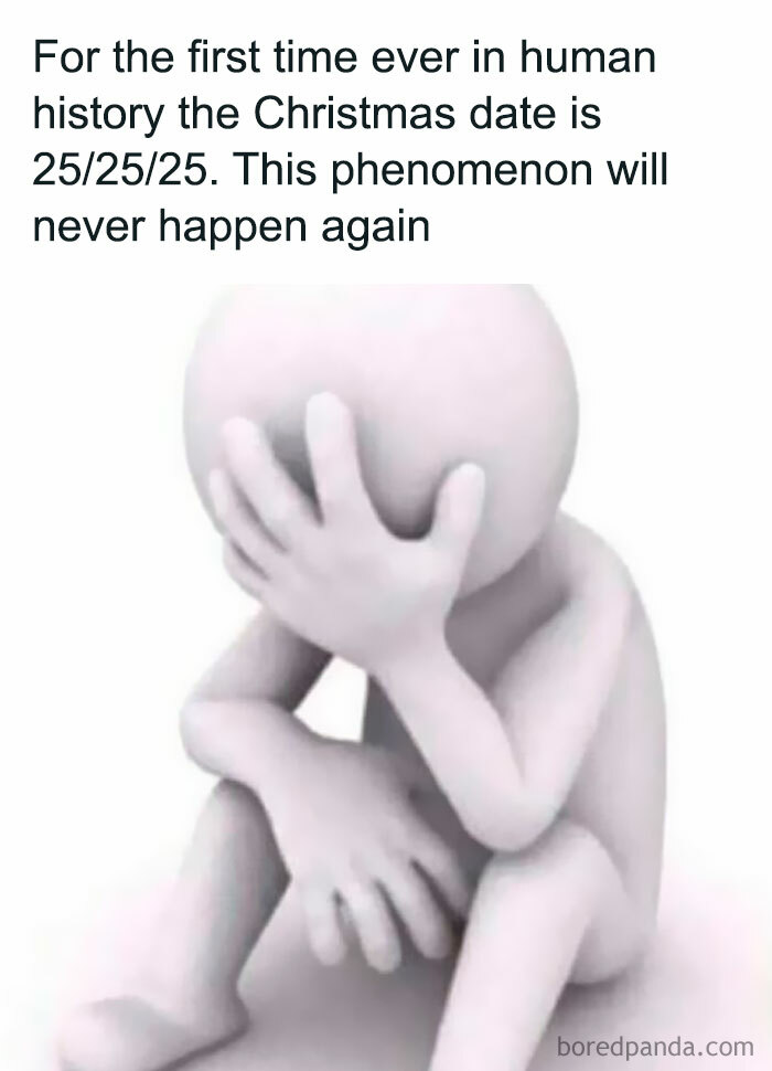 A 3D figure sitting with face in hand illustrating a meme about a funny impossible Christmas date, highlighting meme humor.