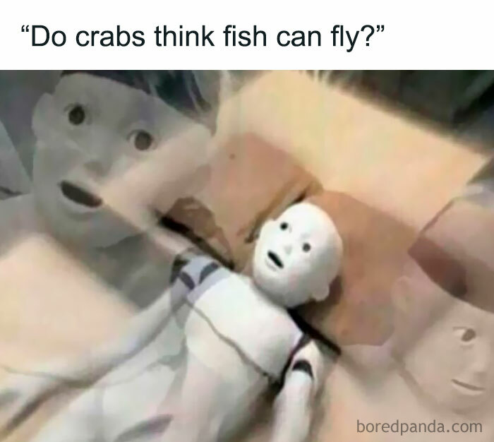 Surprised and confused animated figure lying down with multiple faces, illustrating funny meme reaction concept.