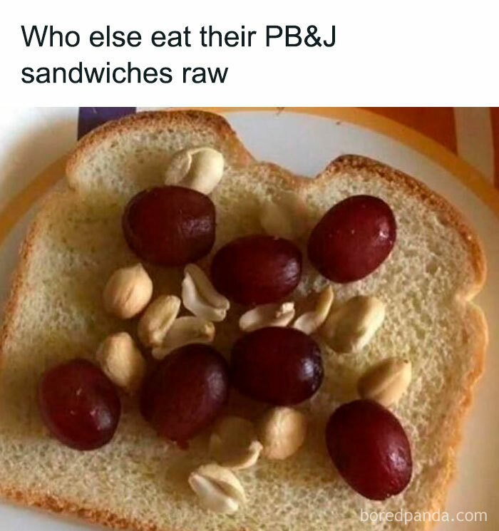 Slice of bread topped with grapes and peanuts, a funny take on memes with unexpected food combinations.
