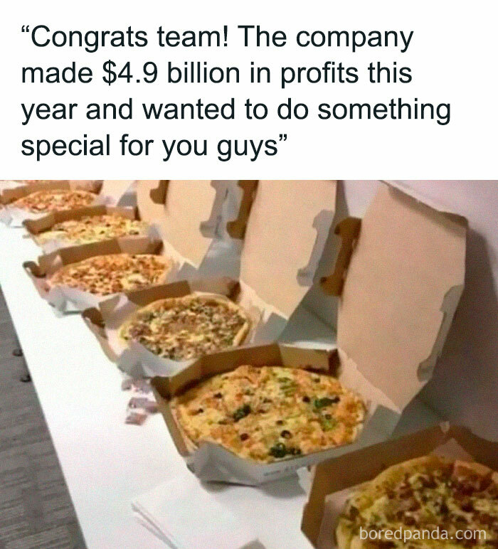 Tweet from besthoodhumor joking about company profits, showing multiple open pizza boxes lined up on a table.