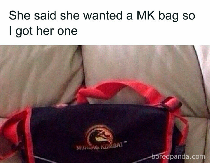Humorous meme showing a custom Mortal Kombat bag with red straps, highlighting memes that are funny without reason.