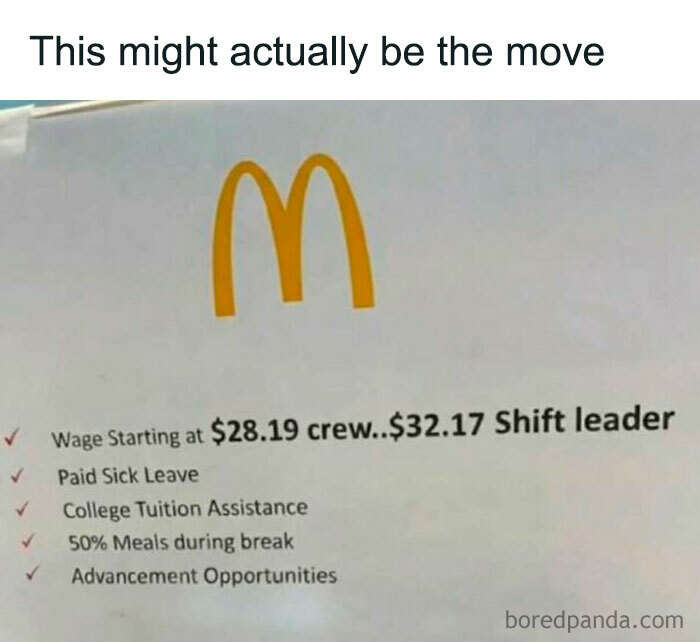McDonald's job listing showing high wages, benefits, and advancement opportunities, featured in funny memes collection.