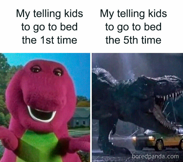 Memes for parents showing difference between asking kids to go to bed the first time versus the fifth time with dinosaur images.