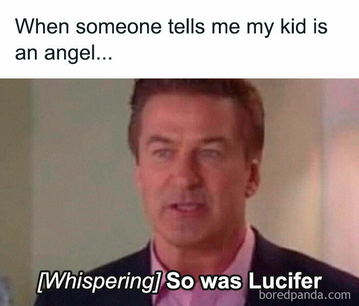 Man in suit reacting to a relatable meme for parents joking about kids not being angels.