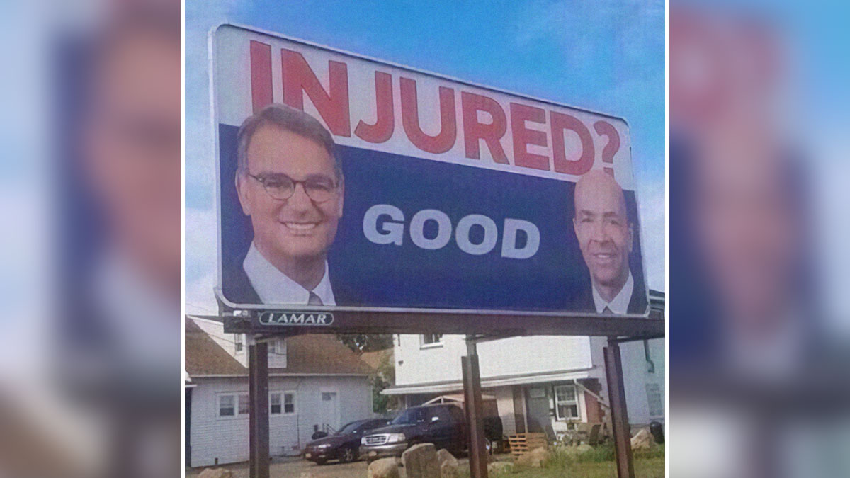 Billboard with menu2019s faces and text injured good, a humorous meme for parents about handling mess at home.