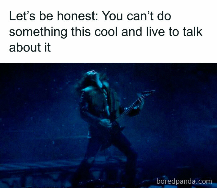 Man playing electric guitar on stage with text about doing something cool, related to funny Stranger Things memes.