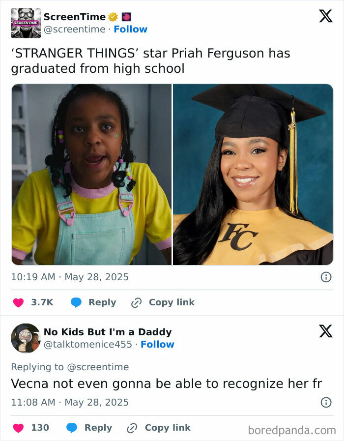 Stranger Things memes showing Priah Ferguson before and after high school graduation with humorous caption.