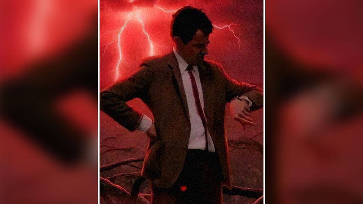 Man in suit looking at his watch with red lightning background in funny Stranger Things memes style.