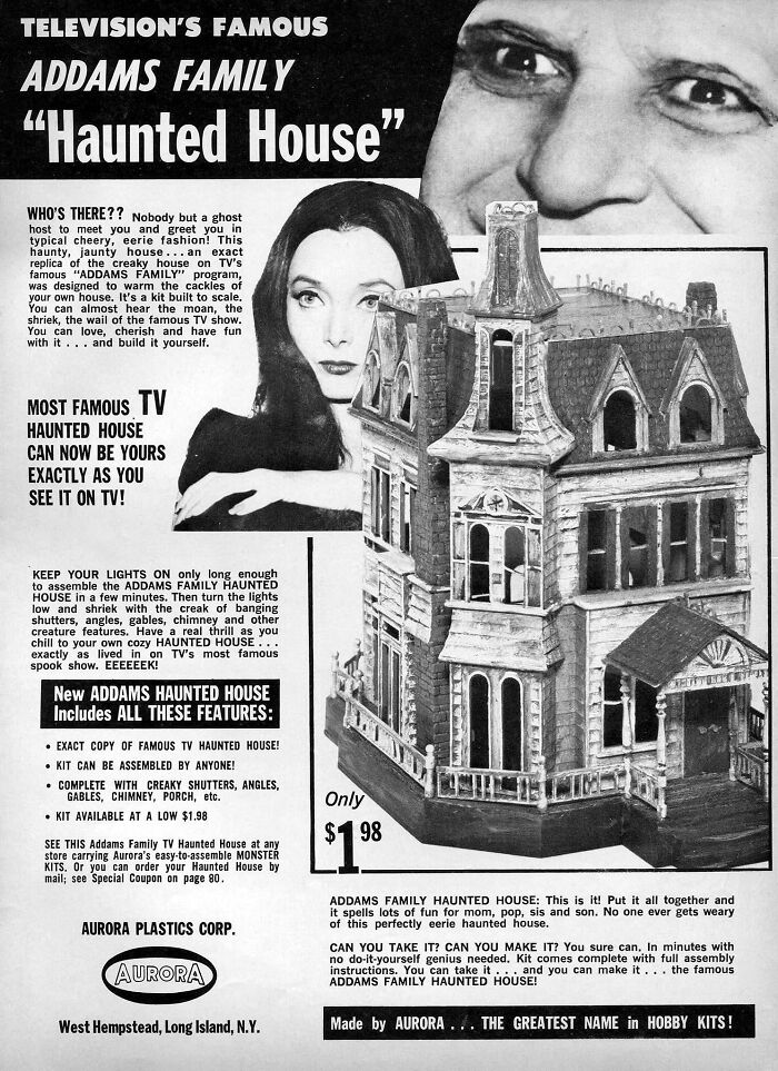Vintage ad for Addams Family Haunted House model kit showcasing nostalgic marketing in past decades.