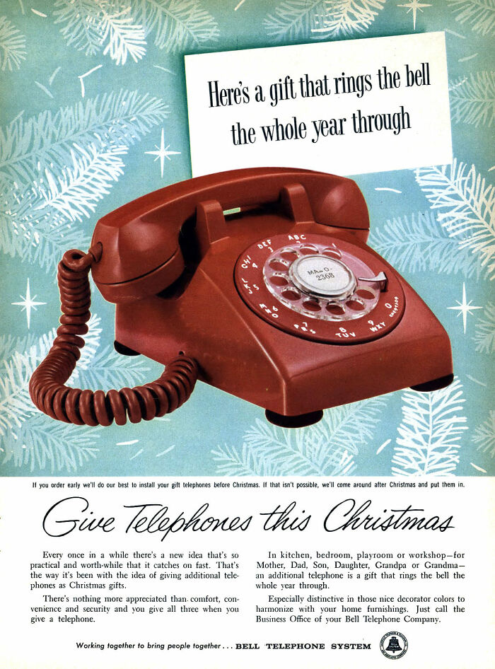 Vintage ad featuring a rotary telephone promoting practical gifts and marketing strategies from the past.