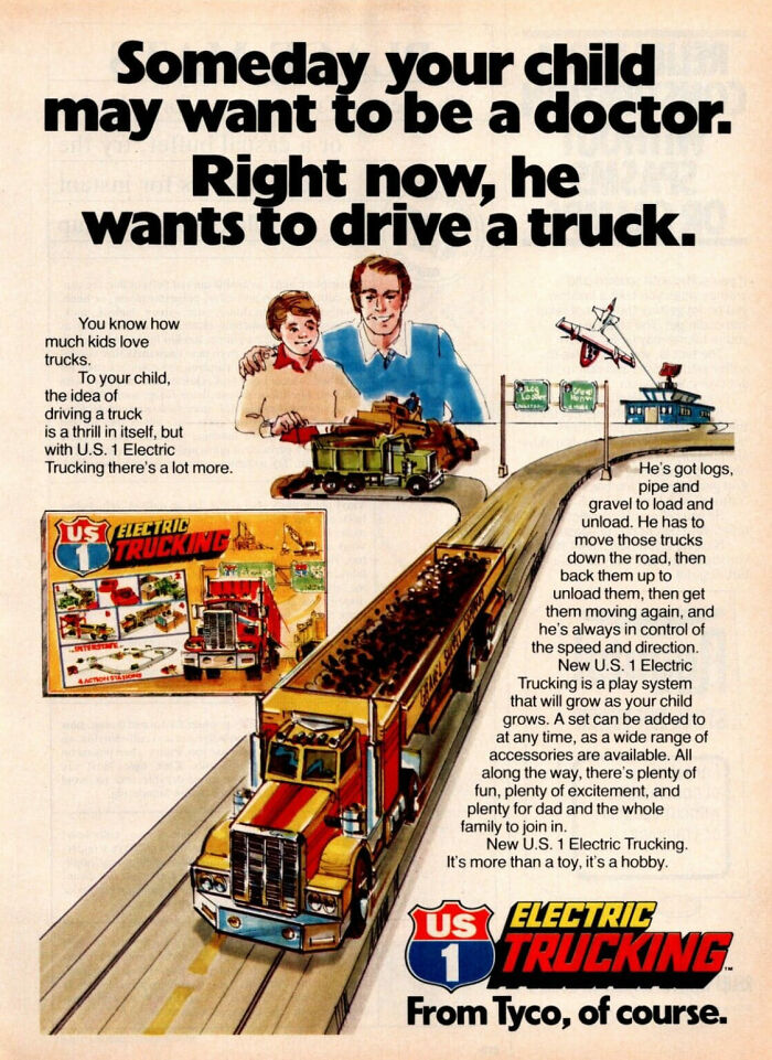 Vintage ads showing classic U.S. 1 Electric Trucking toy promoting nostalgic marketing strategies and childhood play hobbies.