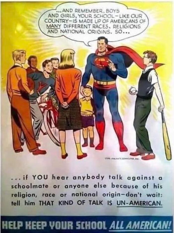 Vintage ad featuring Superman teaching children about diversity and unity in a classic marketing style from the past era.