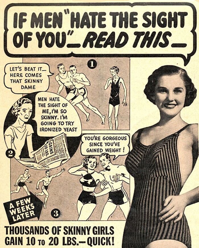 Vintage ads showing marketing techniques with illustrations of skinny women gaining weight using ironized yeast product.