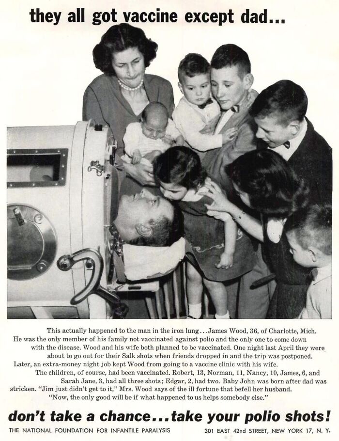 Vintage ad showing a family around a man in an iron lung, illustrating how marketing worked in the past to promote polio vaccination.