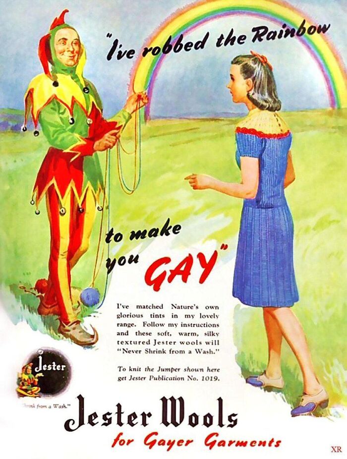 Vintage ad featuring a jester and woman promoting Jester Wools with colorful marketing from the past.