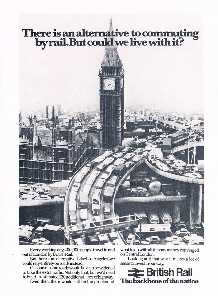 Vintage ads showing London traffic congestion and promoting British Rail as alternative marketing insight.