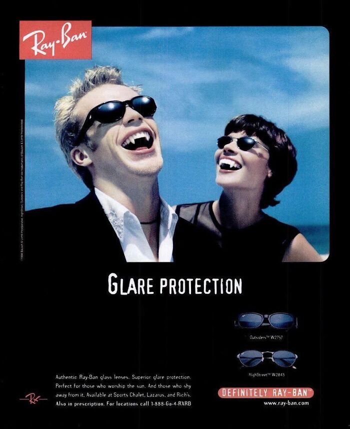 Vintage Ray-Ban ad featuring two people wearing sunglasses with glare protection, showcasing marketing from the past.