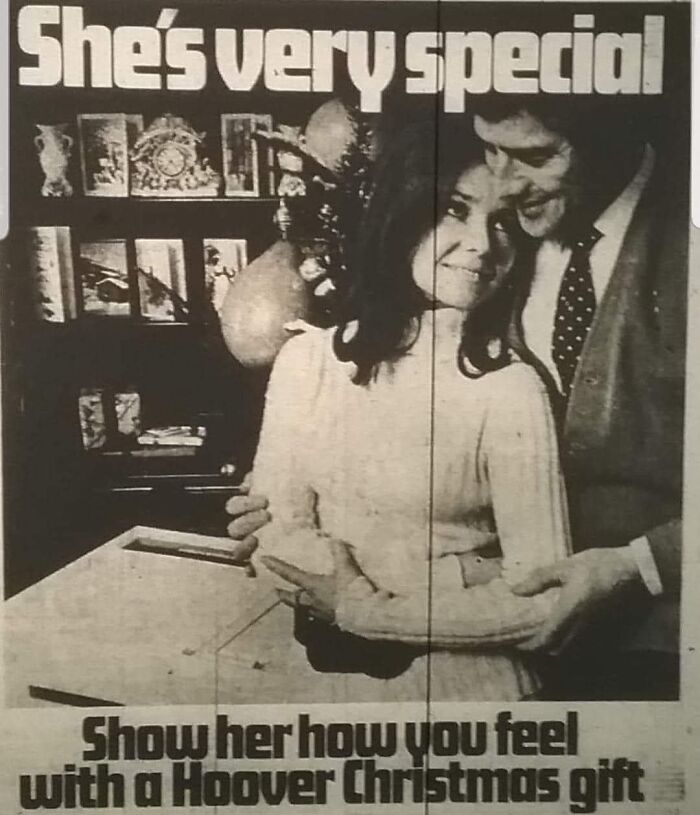 Vintage ad featuring a couple and a Hoover Christmas gift, illustrating marketing from the past era.