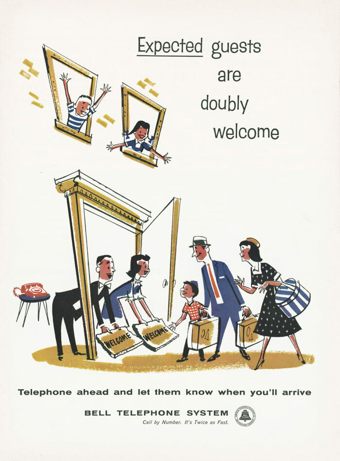 Vintage ad showing a family welcoming guests at the door, illustrating marketing techniques from the past era.