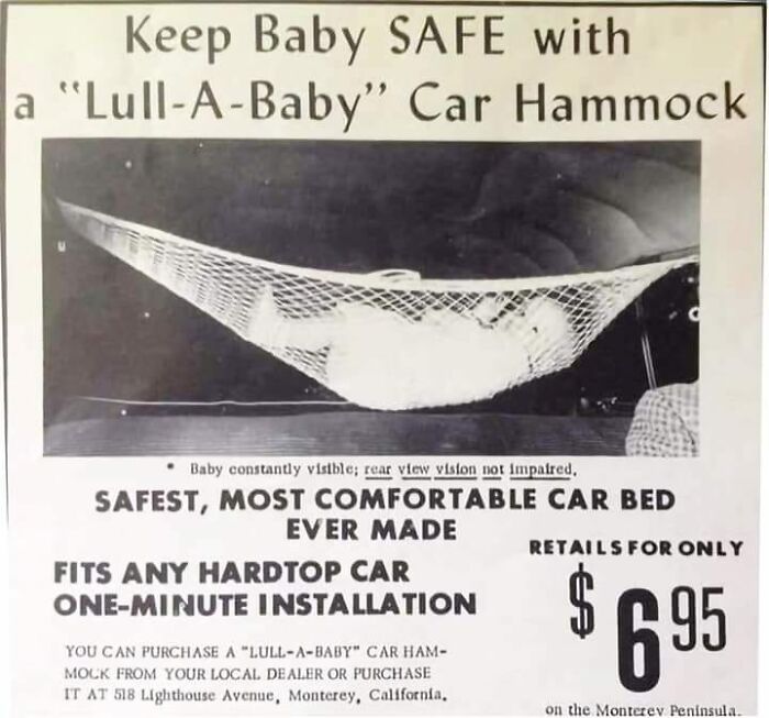 Vintage ad showing a "Lull-A-Baby" car hammock for baby safety, illustrating marketing in the past with vintage ads.