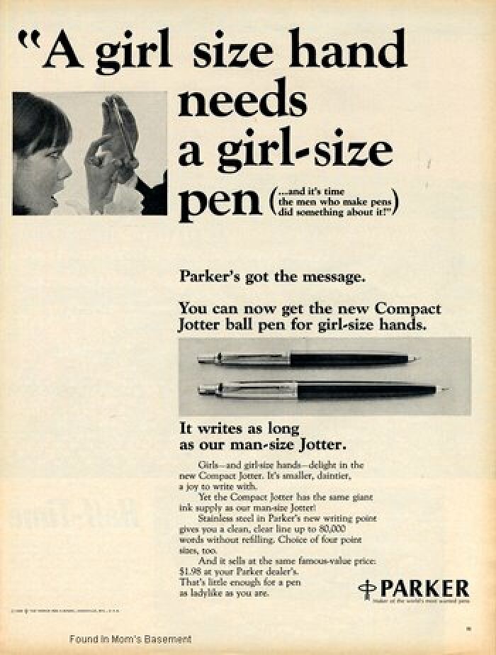 Vintage ad for Parker pens targeting girl-size hands, showing marketing strategies from the past.