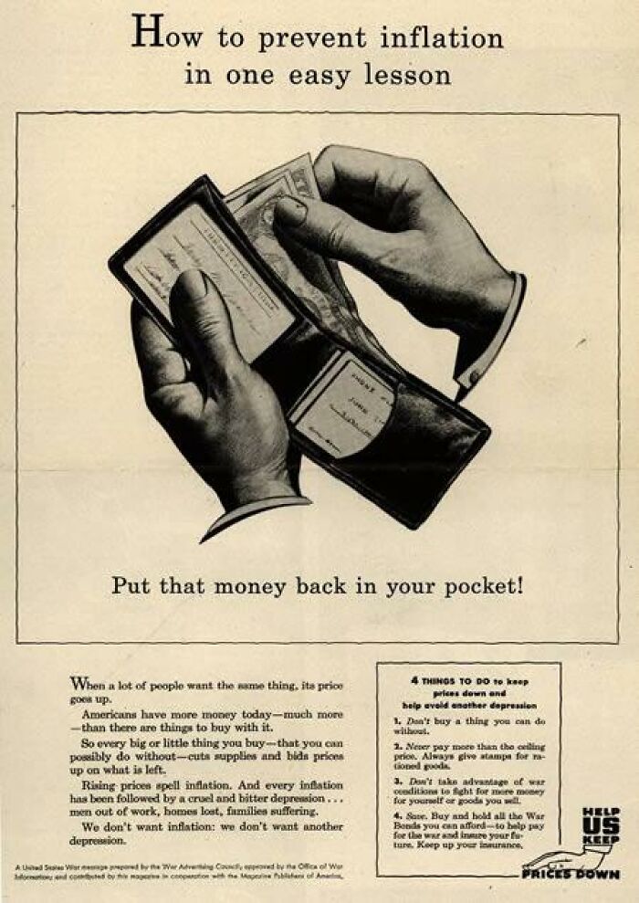 Vintage ad showing hands holding a wallet with money, illustrating how marketing worked in the past to prevent inflation.