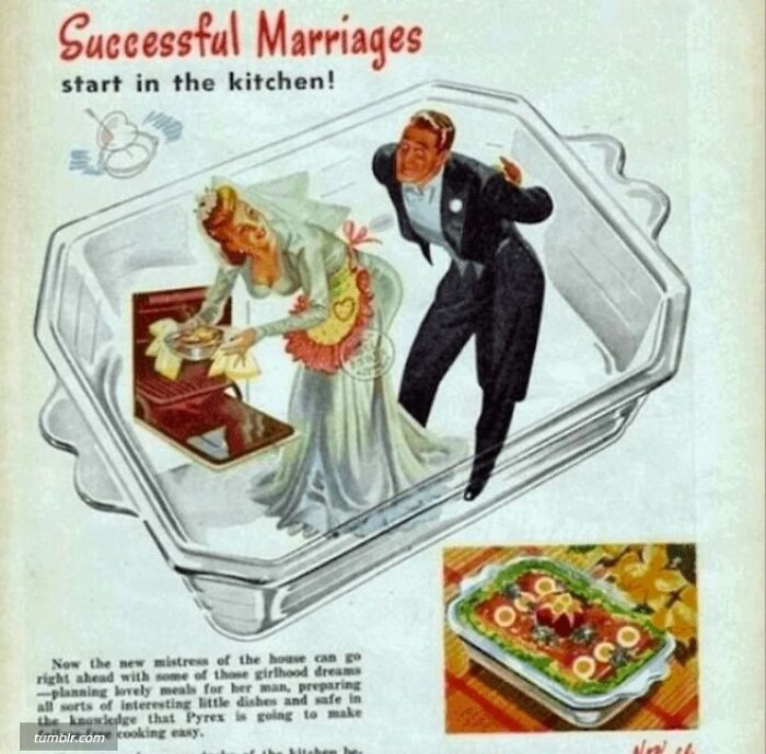 Vintage ad showing a bride cooking in a Pyrex dish with a groom nearby, illustrating past marketing techniques.