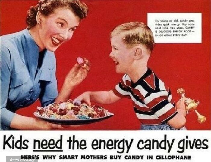 Vintage ad showing a mother offering candy to her son, illustrating how marketing worked in the past with energy candy claims.