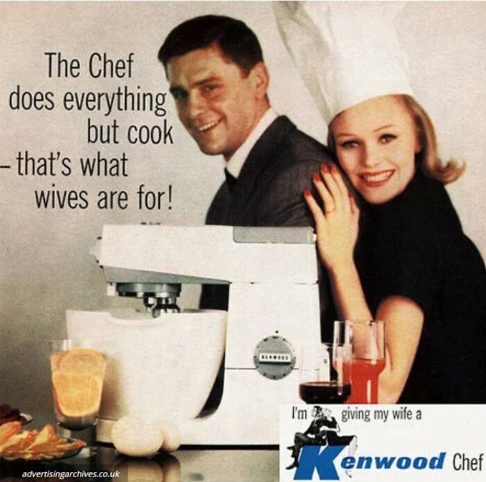 Vintage ad showing a man and woman with a Kenwood Chef mixer, reflecting vintage ads marketing styles from the past.