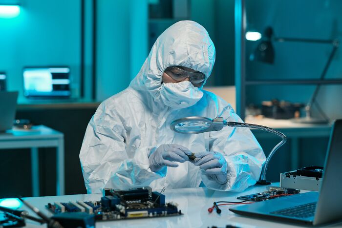 Employee in protective suit inspecting electronic parts under magnifying glass revealing industry truths in lab setting