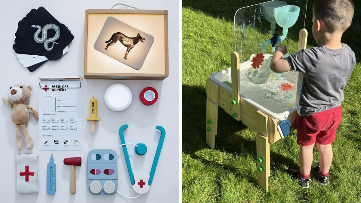 Child playing with educational toys and a medical playset, perfect gifts that spark 5-year-old joy and imagination.