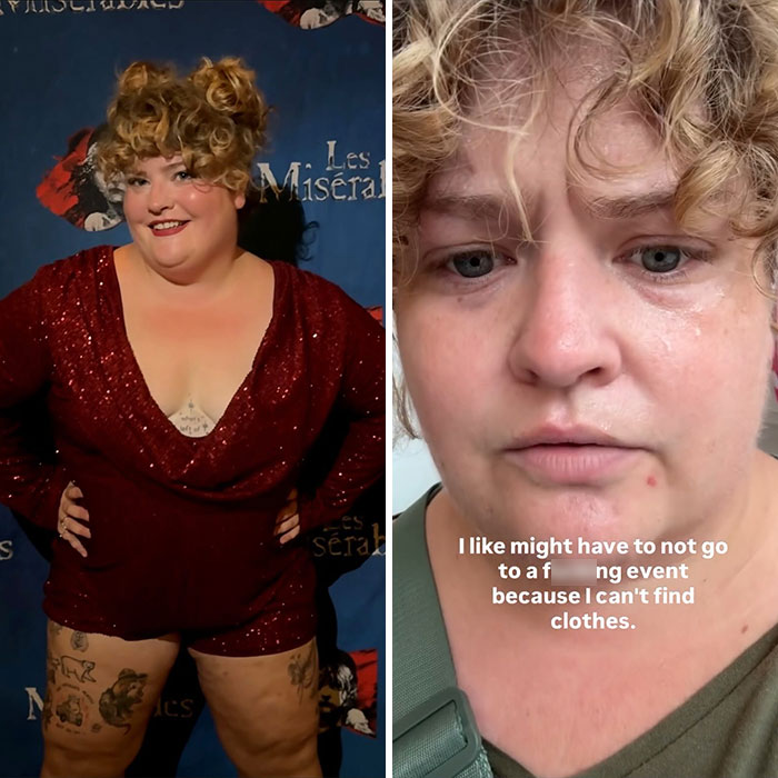 Plus-size influencer wearing a red outfit and expressing frustration about not finding clothes for an upcoming event in 2025.
