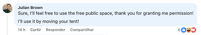 Comment on social media criticizing the grotesque act of reserving public space by moving someone else's tent on New Year's Eve.