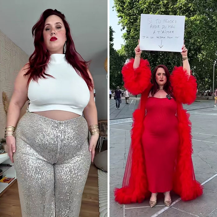 Plus-size influencer poses confidently in glitter pants indoors and in a bold red outfit holding a protest sign outdoors.