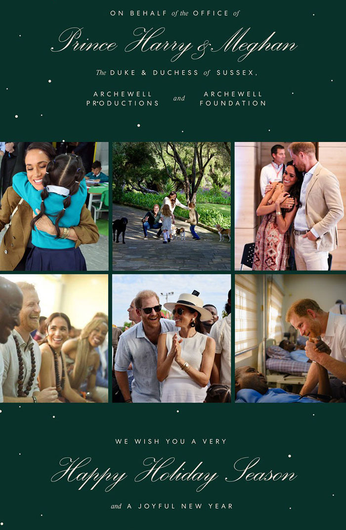 Collage of Prince Harry and Meghan Markle engaging with people and animals in various joyful moments during holiday season. Collage of Prince Harry and Meghan Markle engaging with people and animals in various joyful moments during holiday season.