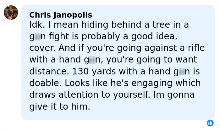 Comment from Chris Janopolis discussing tactical advice on gun fights, emphasizing distance and engagement strategies. Comment from Chris Janopolis discussing tactical advice on gun fights, emphasizing distance and engagement strategies.