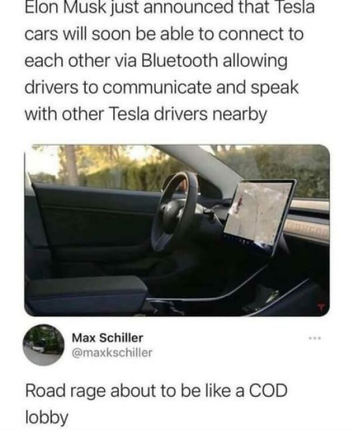 Screenshot of a Tesla interior with a humorous post about Tesla cars connecting via Bluetooth to communicate nearby. Screenshot of a Tesla interior with a humorous post about Tesla cars connecting via Bluetooth to communicate nearby.
