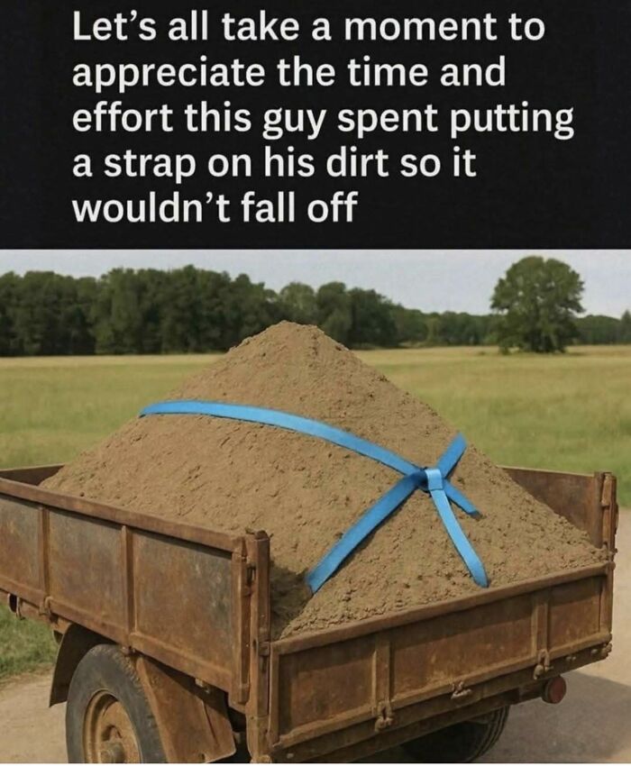 Meme showing a load of dirt secured with a strap on an old truck, highlighting funny winter day humor.