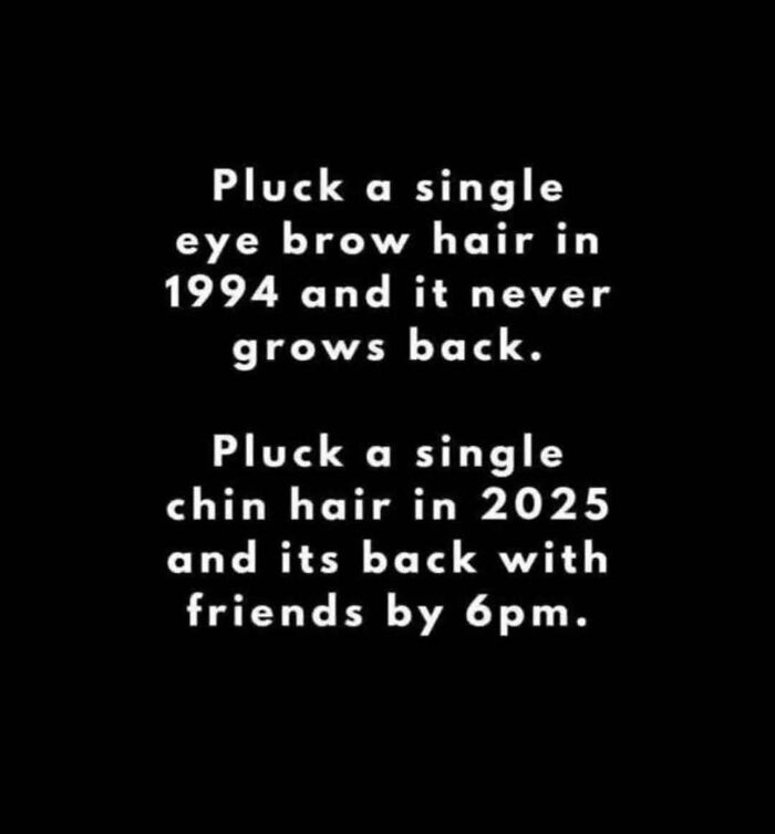 Funny meme text about eyebrow hair not growing back in 1994 versus chin hair regrowing quickly in 2025 for winter days.
