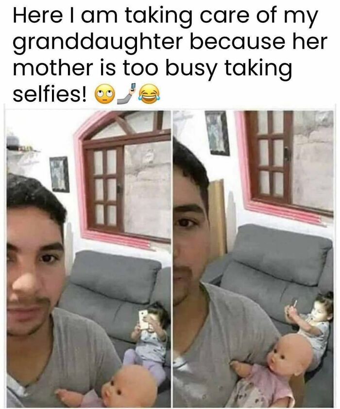 Man taking care of granddaughter holding a doll while her mother is busy taking selfies funny memes winter days brightening.